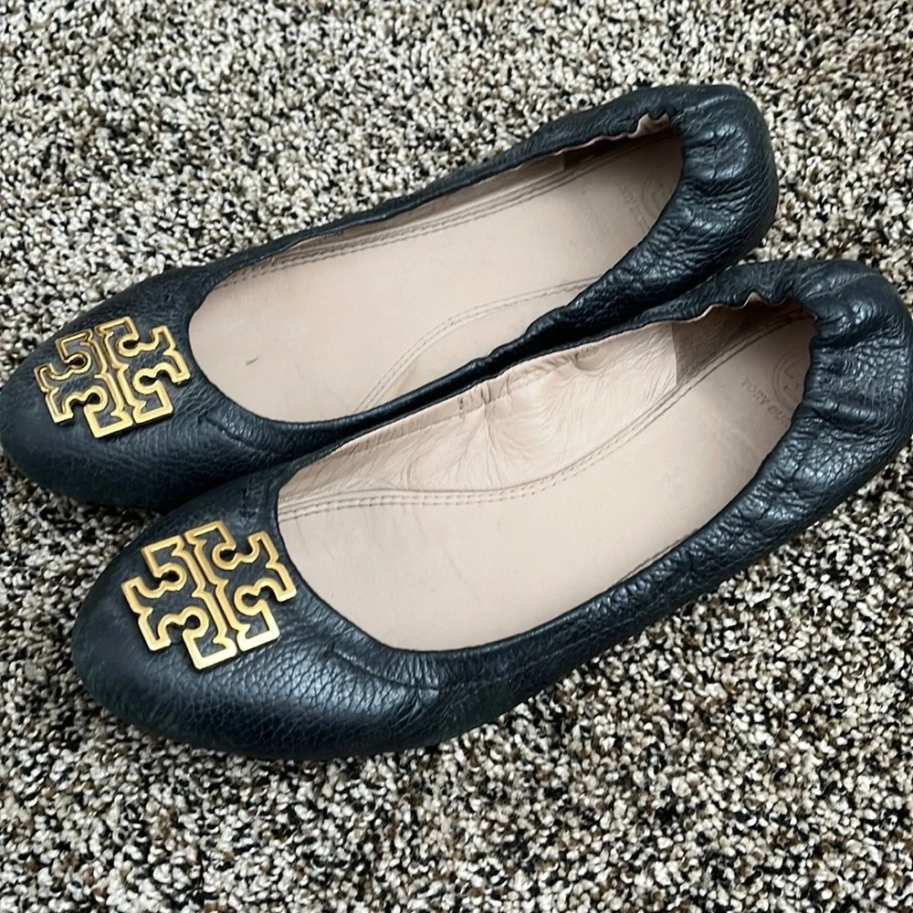 Tory Burch Gold Logo Melinda Black Leather Flat, worn